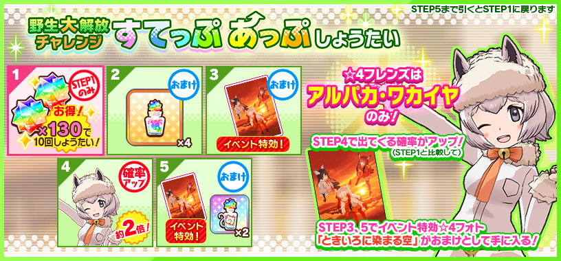 けものフレンズ３ おしらせ アルパカ ワカイヤ登場 すてっぷあっぷしょうたい 開催 セガ